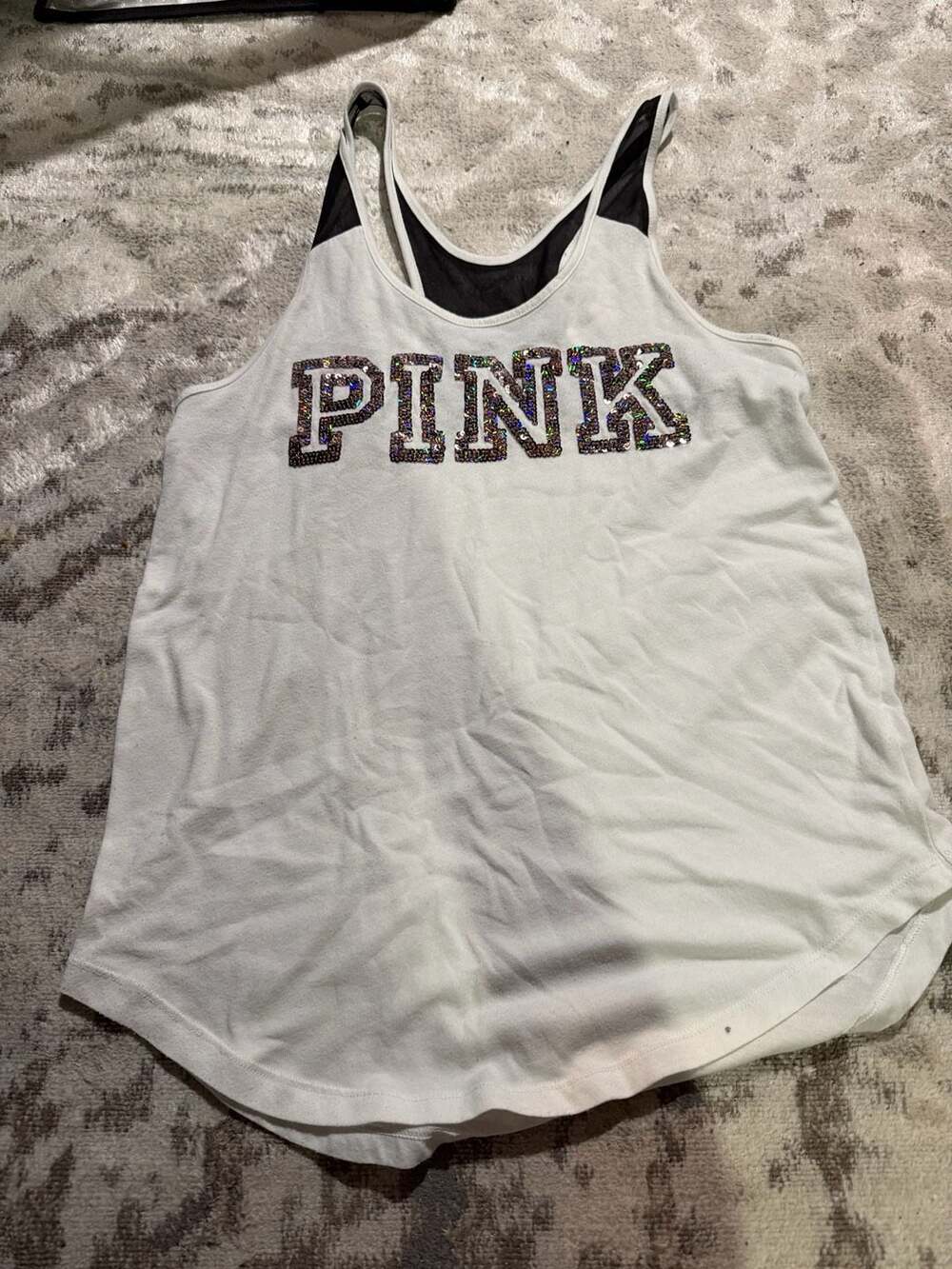 Victoria's Secret PINK White Bling Logo Racerback Tank Top with Mesh Detail